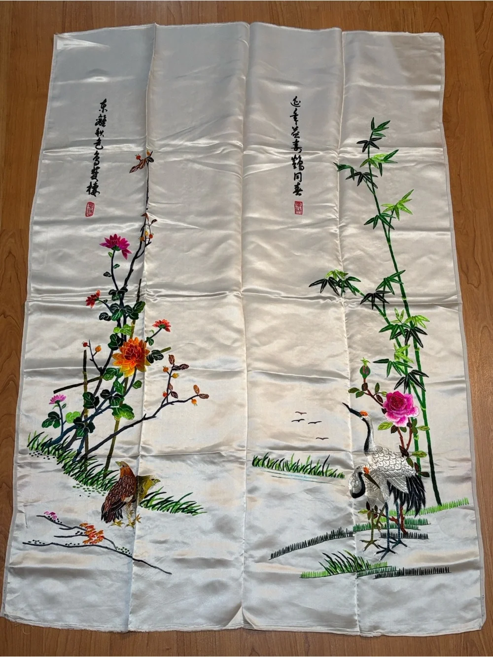 Vintage Chinese Silk Embroidered Crane & Floral Panel